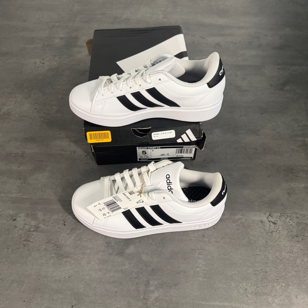 Adidas Grand Court 2.0 Sneakers Womens 5 White Black GW9214 Classic Low Top‎ New